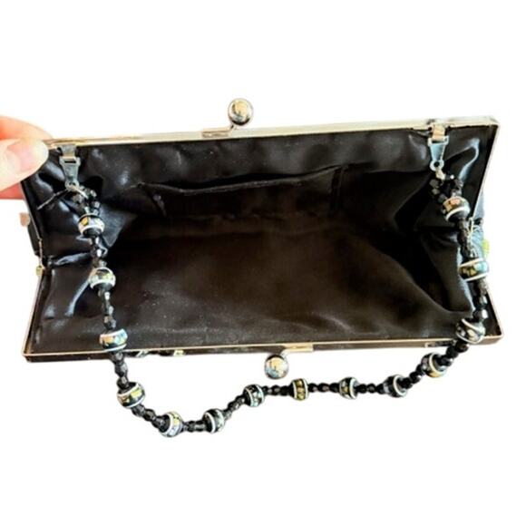 Chateau Black Satin Beaded Handle Clutch Purse Floral Embroidered Evening Bag - Picture 4 of 5